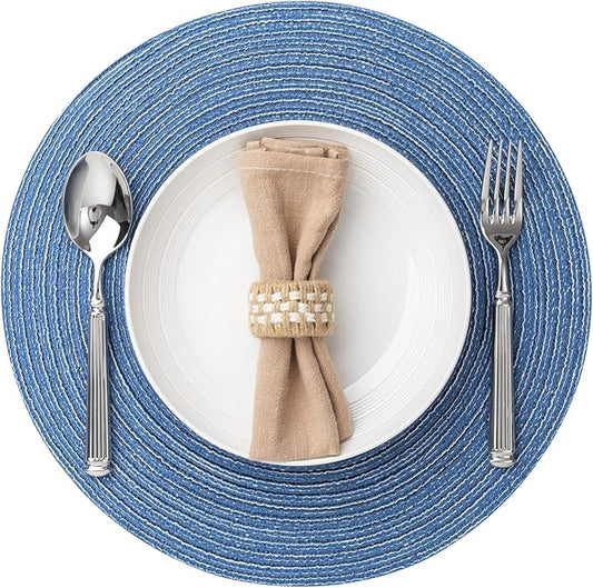 Round Placemats Set of 12 Woven Placemats Washable Braided Table Mats for Dining Table Heat Resistant Non-Slip Circle Place Mats(Mid Blue)