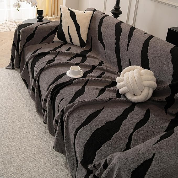 ROOMLIFE Striped Boho Gray Couch Cover for 2-3 Cushion Sofa, Fuzzy Plush Warm Sofa Slipcovers Sectional Sofas Covers, Non Slip Washable Furniture Protector Soft with Tassel,Winter 71''X150”
