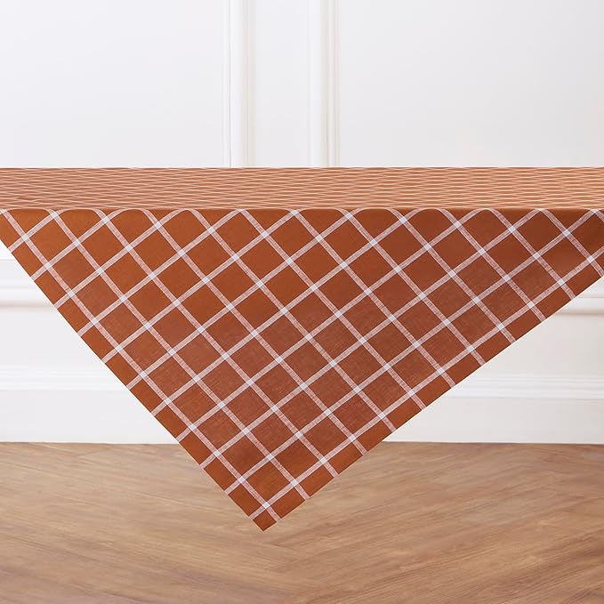 Solino Home Linen Plaid Tablecloth 52 x 52 Inch - 100% Pure Linen Windowpane Cinnamon Table Throw - Machine Washable Square Table Cloth for Fall, Autumn, Thanksgiving, Holiday