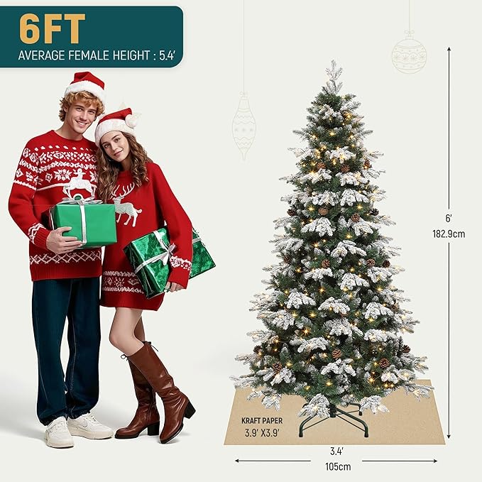 YITAHOME 6FT Prelit Christmas Tree with Remote Control, Hinged Artificial Pre-Decorated Tiered Flocked Christmas Tree w/ 900 PE & PVC Mixed Frosted Tips, 29 Pinecones, w/ 11 Lighting Modes & 3 Timers