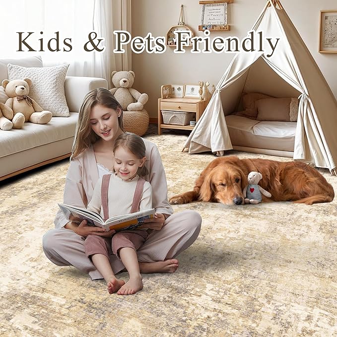 2.6x8 Modern Abstract Rug Washable Area Rugs for Living Room Bedroom Dining Room Non-Slip Low Pile Neutral Large Rug Soft Indoor Floor Carpet, Gold