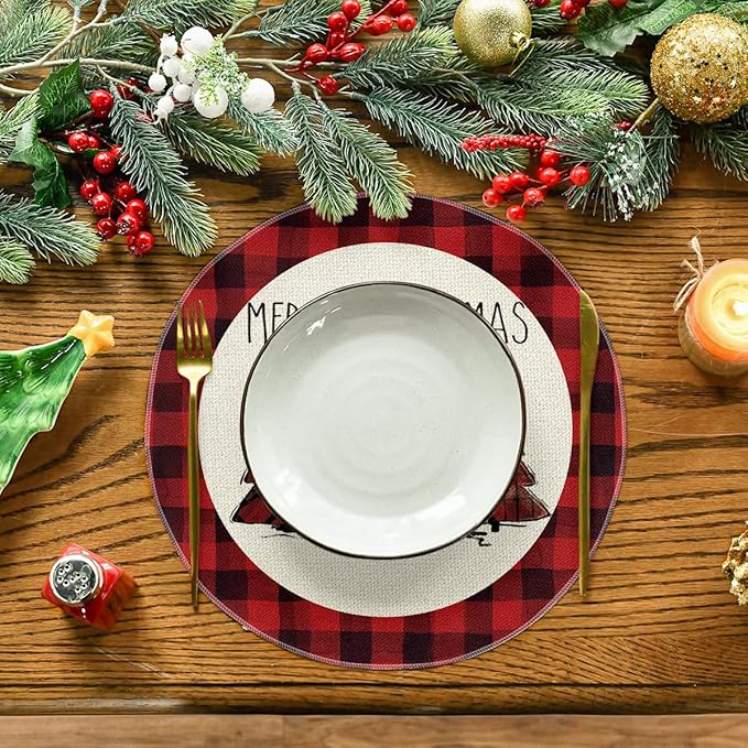 Artoid Mode Watercolor Red and Black Buffalo Plaid Christmas Trees Merry Xmas Round Placemats Set of 4, 14 Inch Winter Round Table Mats for Dining Decoration
