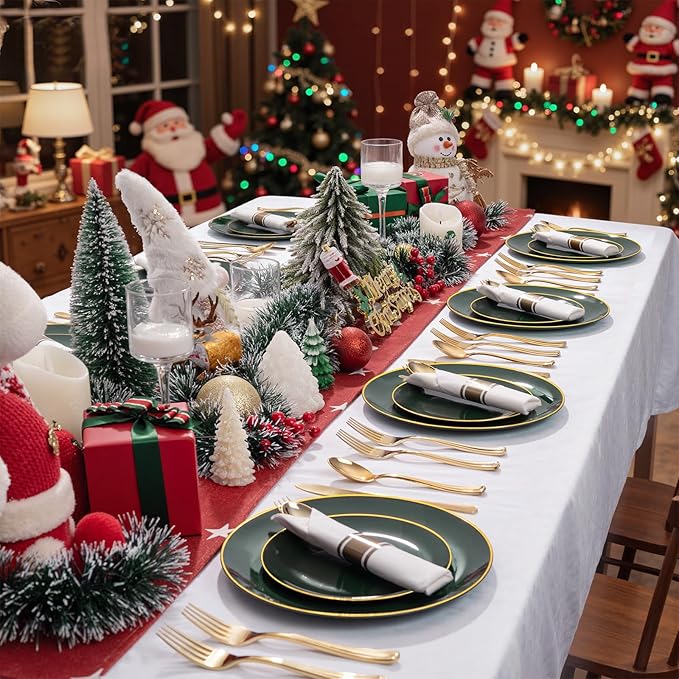 KIRE 175PCS Green Plastic Plates with Gold Rim - Heavy Duty Green Plates Disposable Include 50 Christmas Plastic Plate, 25Pre Rolled Napkins 25 Cups For Christmas/Party