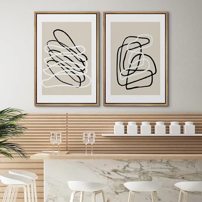 SIGNWIN Framed Wall Art Print Set Black and White Lines Tangled Tan Background Abstract Swirly Cozy Neutral Modern Art Mid-Century Modern Expressive for Living Room, Bedroom, Office - 24"x36"x2 Panels