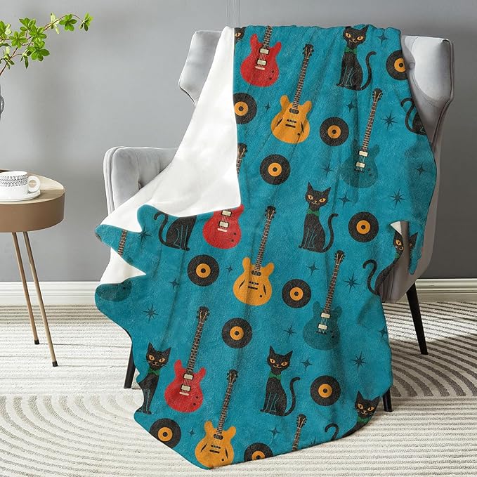 Retro Cat Guitar Blanket, Plush Soft Lightweight Warm Cozy Flannel 80×60 inch Music Themed Throw Blanket for Couch, Travel, Bed, Office, Outdoor, Gifts for Adults Teens Kids Women Girls