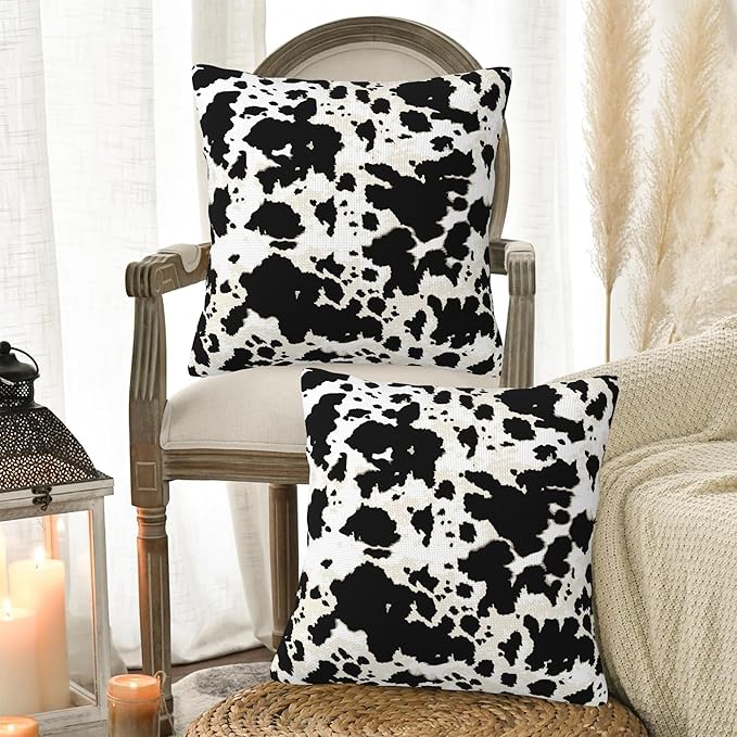 Black and White Cow Spot Print Pillow Covers 18X18 Set of 2, Cowhide Animal Skins Decorative Throw Pillow Covers, Pillowcase Cushion Case for Home Sofa Couch Indoor Outdoor Decorations
