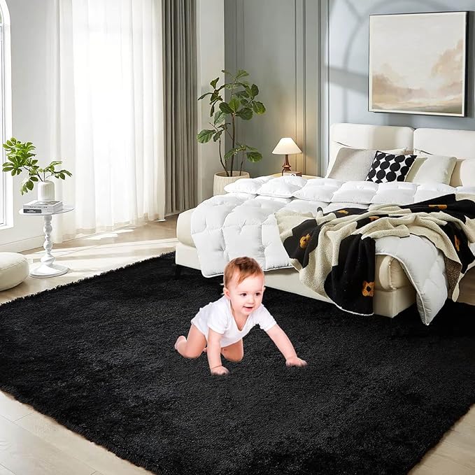 Floralux 6x9 Rugs for Living Room, Black Fluffy Area Rug for Bedroom, Non-Slip, Ultra Soft Plush Shag Carpet for Kids Boys Girls Room, Playroom, Home Decor Aesthetic