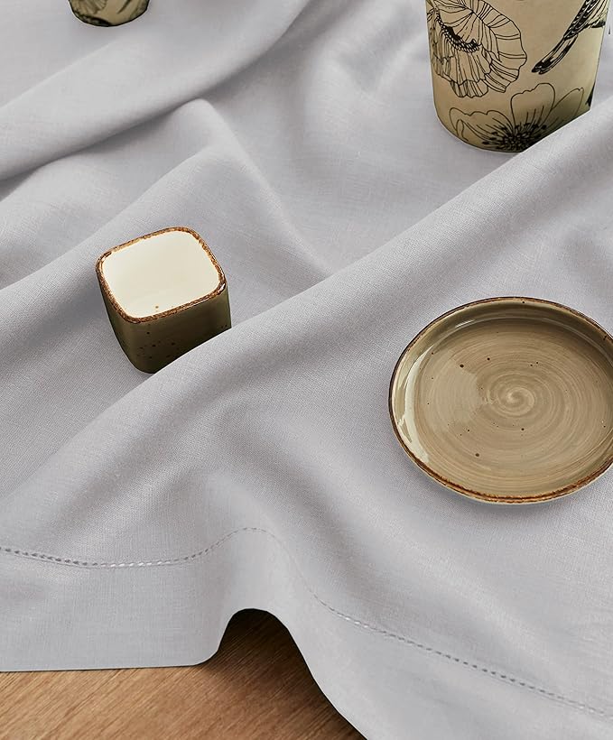 Solino Home Soft Grey Linen Tablecloth 52 x 52 Inch - 100% Pure Linen Square Table Throw - Classic Hemstitch, Machine Washable Table Cloth for Fall, Autumn, Thanksgiving, Christmas, Winter