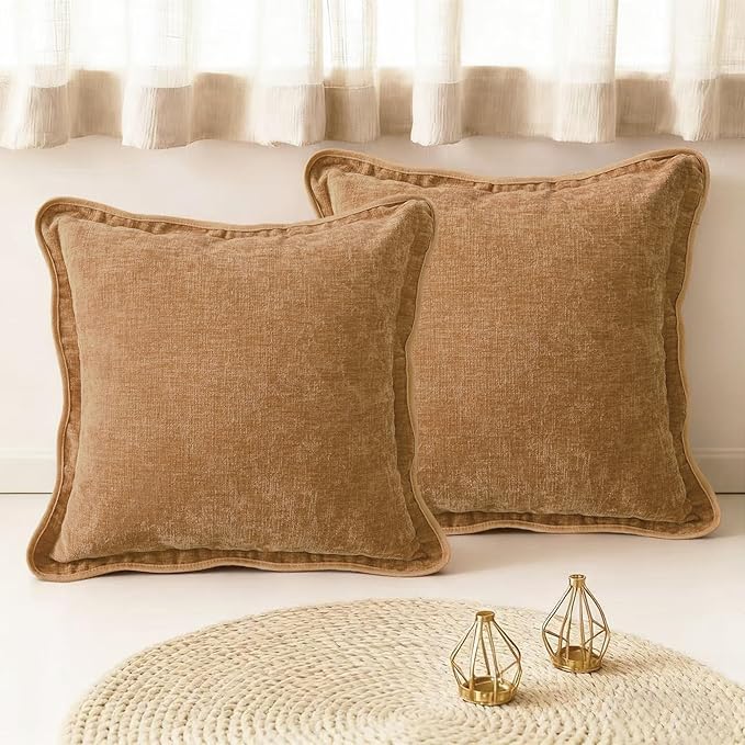 CaliTime Throw Pillow Covers Decorative 18 X 18 Inches Pack of 2 Cozy Chenille Scalloped Wavy Edge Cushion Cases for Couch Sofa Bed Living Room Farmhouse Apricot Brown