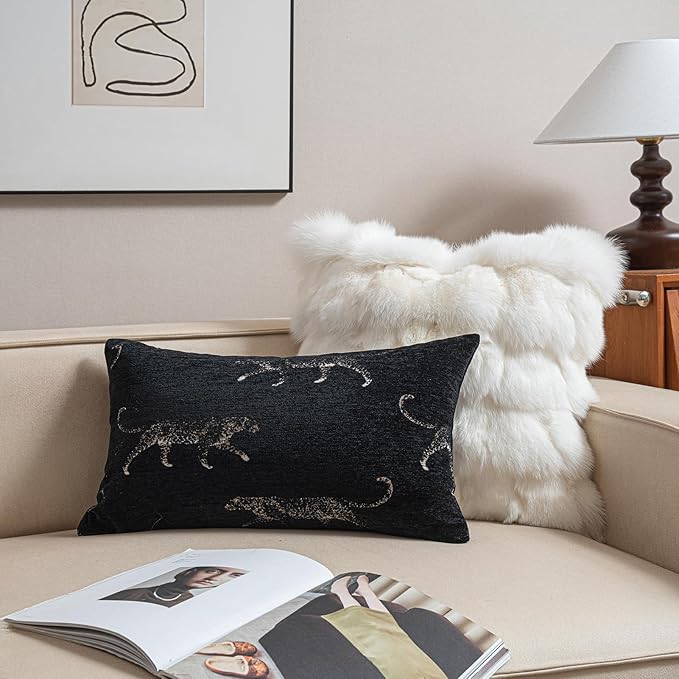 New 12x20'' inches Throw Pillow Cushion Covers - Black Color with Chenille Jacquard Embroidery Golden Leopard Luxury Modern Style Couch Sofa Bed Pillow Cover for Living Room Bedroom