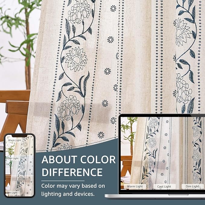 jinchan Winslow Linen Curtains for Bedroom 90 Inches Length Embroidered Bordered Floral Curtains for Living Room Farmhouse Decor Light Filtering Window Treatments Blue on Beige Drapes 2 Panels