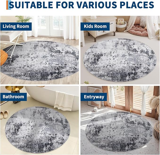 Modern Abstract 4x4 Round Area Rug Non Slip Non Shedding Rug Low Pile Stain Resistant for Bedroom Living Room Office Dining Room,Grey