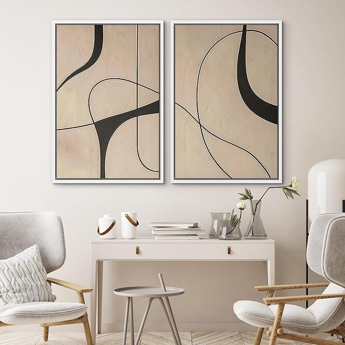 SIGNWIN Framed Canvas Print Wall Art Set Modern Beige and Black Abstract Curve Minimalist Geometric Modern Art Minimal Boho Relax/Calm for Living Room, Bedroom, Office - 16"x24"x2 White