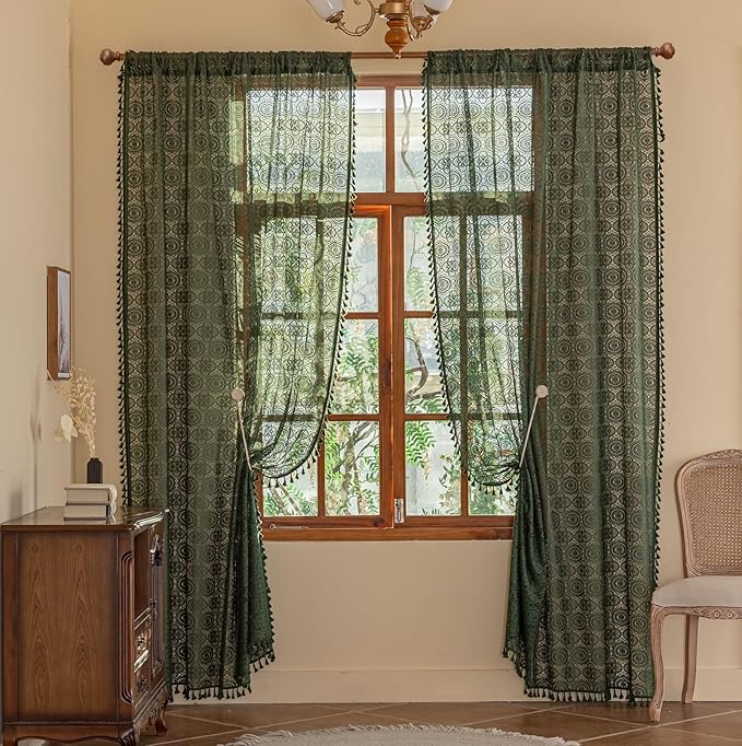 Green Crochet Curtain 72 Inches Long Vintage Boho Sheer Lace Curtains with Tassels Rod Rustic Farmhouse Drapes for Living Bedroom Office Bohemian Neutral Aesthetic Décor 59" W x 72" L, Dark Green
