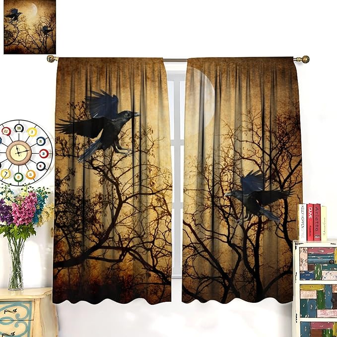 Gothic Crows Blackout Curtains, Vintage Misty Tree Dead Woodland Raven Black Crow Moonlight Retro Window Drapes, for Living Room Bedroom 36(W)*63(L) 2 Panels