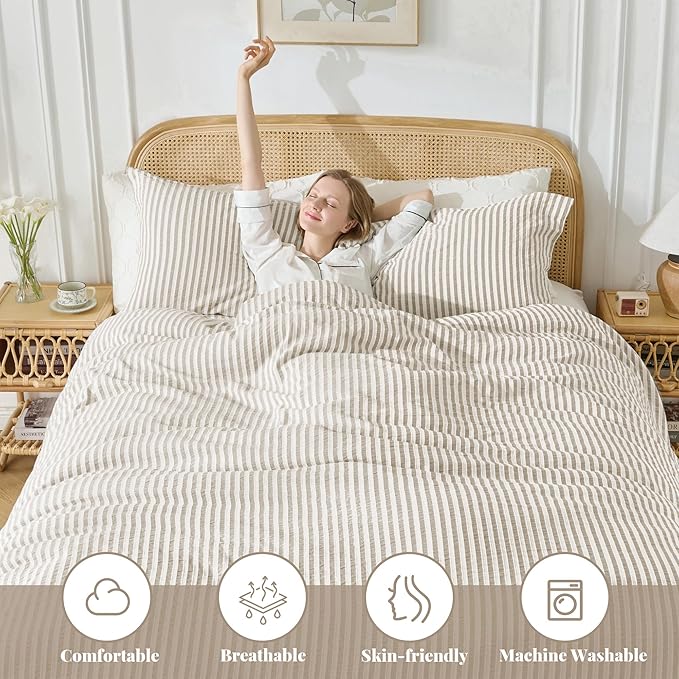 MILDLY Jacquard Stripe Duvet Cover - 100% Washed Cotton Light Khaki Boho Textured Comforter Cover 2pcs with Zipper Closure 68"x90"