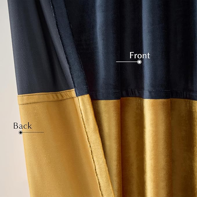 Velvet Curtains for Living Room Navy Blue Gold 72 inches Long,2 Panels Blackout Curtains Modern Color Block Back Tab Rod Pocket Soundproof Drapes for Bedroom Window Decor