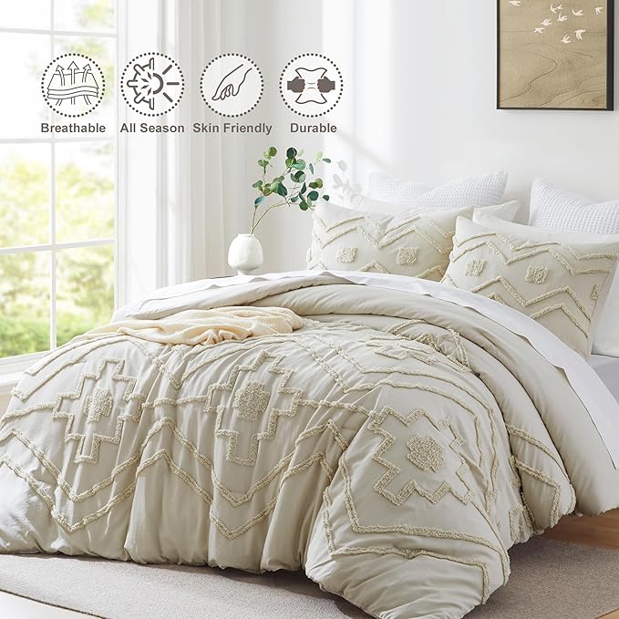 Oli Anderson Boho Tufted Comforter Set King Size, 3 Pcs Soft Jacquard Bedding Set for All Seasons, Shabby Chic Farmhouse Bedding Set with Comforters for All Seasons (Beige, King)