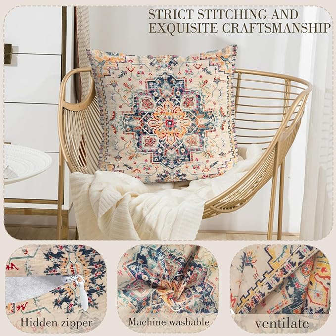 Boho Throw Pillow Covers 18x18 inch Set of 2,Bohemian Vintage Carpet Pattern Antique Ethnic Decor Double Sided Pattern Cushion Cover Soft Pillow Case Living Sofa Room Bed Square Pillow Cover