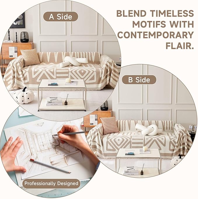 VClife Boho Couch Cover Loveseat Cover for 2 Cushion Couch Sofa 71"X102", Washable Sofa Covers Furniture Protector for Dog Khaki Geometry Jacquard Sofa Couch Covers with Tassel