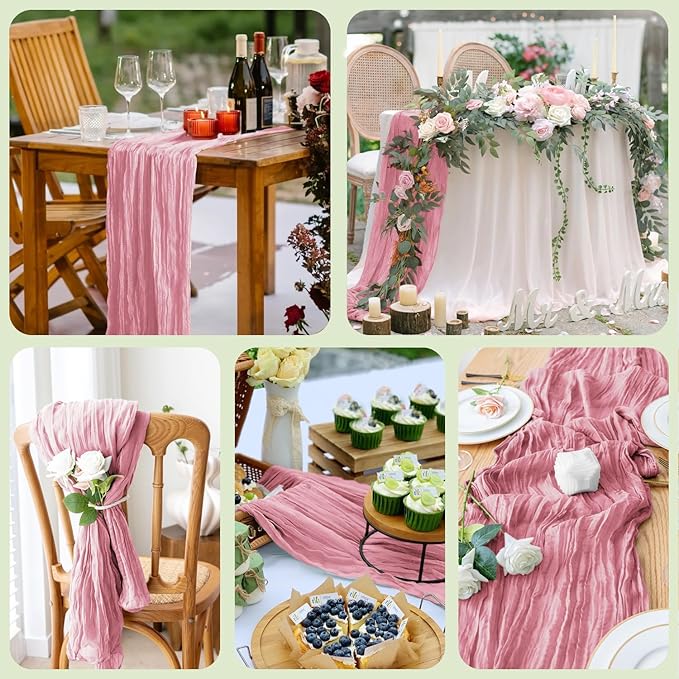 Wokceer Cheesecloth Table Runner Pink 10FT Boho Gauze Cheese Cloth Table Runner for Party Long Rustic Sheer Table Runners for Baby Bridal Shower Wedding Easter Table Decor