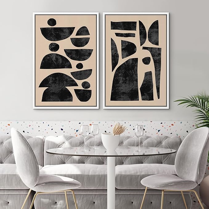 SIGNWIN Framed Canvas Print Wall Art Set Mid-Century Semi-Circle Polygons Variety Abstract Shapes Illustrations Modern Art Minimal Boho for Living Room, Bedroom, Office - 24"x36"x2 White