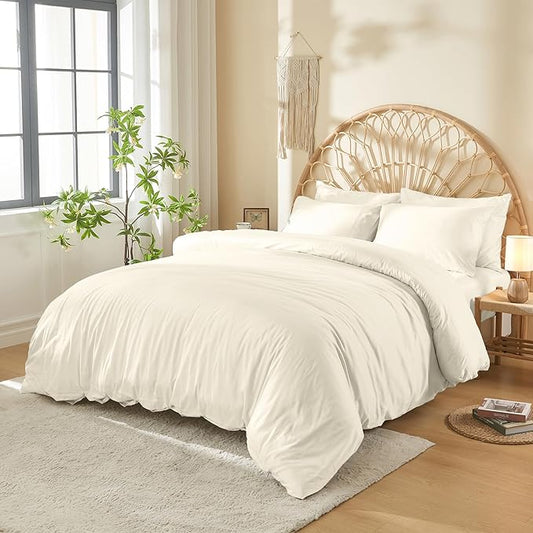 DOZ 100% Long Staple Cotton Duvet Cover Set, Soft Sateen Weave, Smooth, Breathable, Hotel Comfort, 106"x90", 8 Loops, 3pc – 2 Pillowcases 1 Duvet Cover (Ivory, King/Cal King)