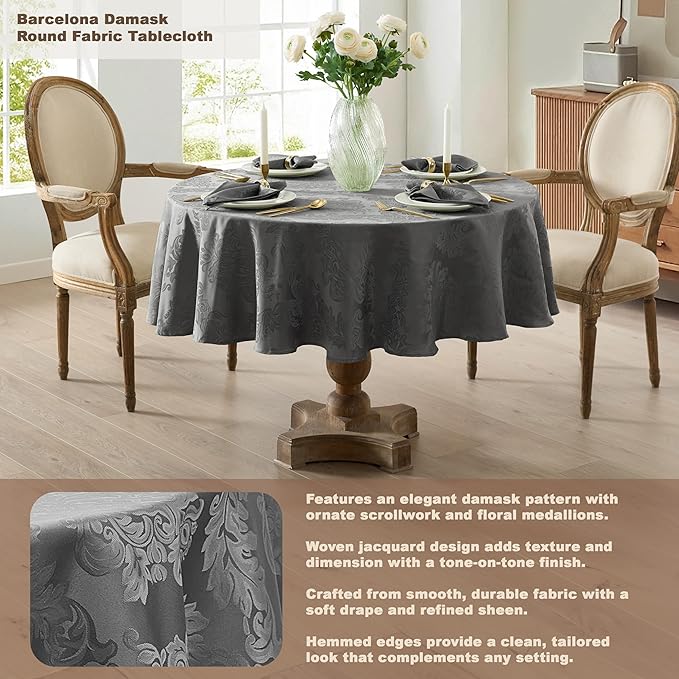 Newbridge Barcelona Damask Fabric Tablecloth, 70 Inch Round, Grey – No Iron, Soil Resistant Table Cover for Dining, Parties and Holidays