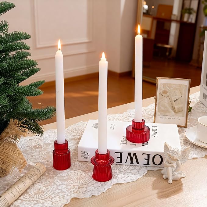 WELLIFE 3 Pcs Red Taper Candle Holder, Glass Candlestick Holder, Red Tapered Candlestick Holders for Party, Wedding Decorations, Table Centerpieces and Christmas