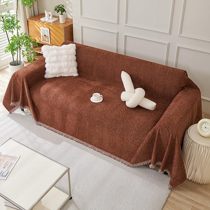 DREAMINGO Sofa Covers Washable Thick Chenille Couch Cover for 3 Cushion Couch Sofa Multi-Use Couch Cover Blanket Modern Pet Furniture Protector Sectional Couch Slipcover 91"x134", Chocolate Brown