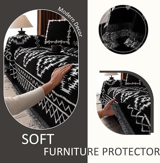 VClife Boho Couch Cover Chenille Sofa Cover for Sectional Sofa, Non Slip Couch Covers for 2 Seater Sofa Pet Friendly Sofa Protector with Tassel, Tribal Pattern Couch Slipcover, Black, 71"X118"