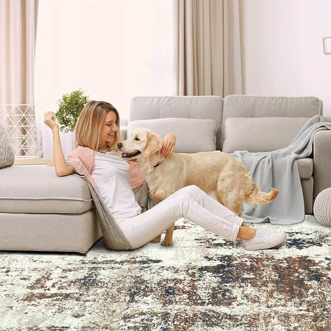 Living Room Rug 10x14 Rug, Machine Washable Modern Abstract Rug Soft Neutral Area Rug Non-Slip Stain Resistant Large Rugs for Living Room Dining Room Bedroom Dorm Office(Brown,10'x14')