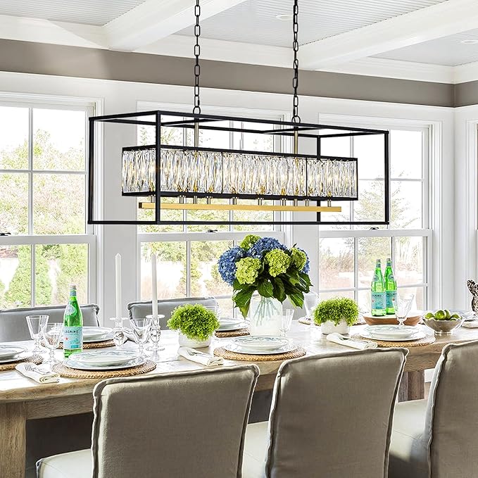 Vezzio Large Chandeliers for Dining Room Modern Black and Gold Channdelier L42 inch Crystal Ceiling Light Fixture Over Table 8 Lights Rectangle Chandelier for Kitchen Island