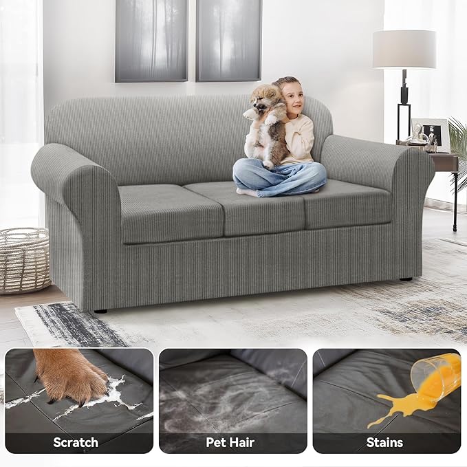 100% WaterproofCouch Cover 4-Piece Set Striped Sofa Slipcovers for 3 Cushion Couch Sofa Covers with TPU Leakproof Bottom Stretch Couch Protector Pet Proof - Sofa(3-Cushion), Gray