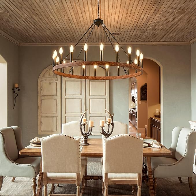 Wagon Wheel Chandelier 40" with Wood Grain Finish, 20-Light Farmhouse Wagon Wheel Chandelier for Dining Room, Modern Round Iron Candle Chandeliers Light for Living Room, Foyer, Entryway, E12