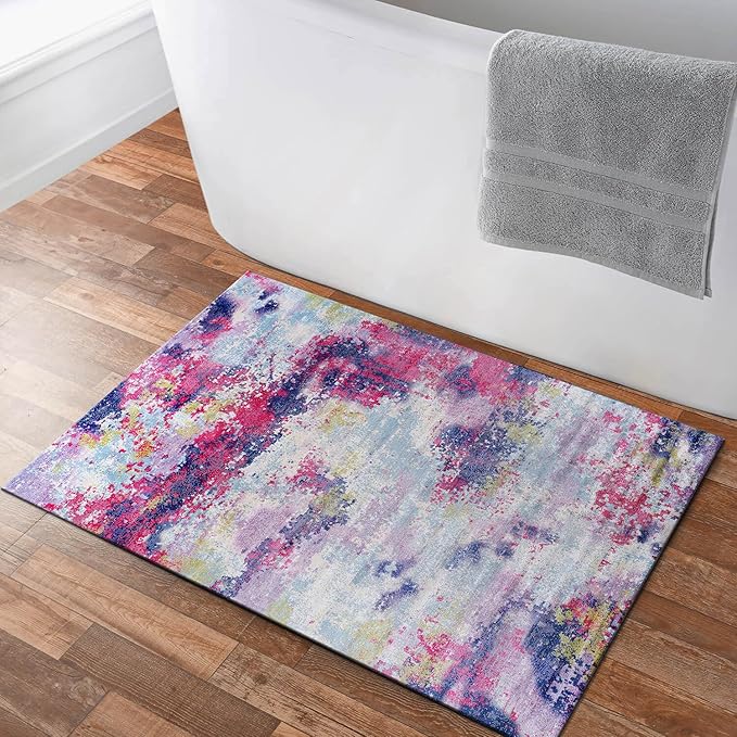 Non Slip Rugs 2x3 Modern Abstract Easy Silk Rubber Backing Soft Entryway Area Rug for Door Mat Easy to Clean Non Shedding Kitchen for Bedroom Indoor Carpet (Lilac - Purple, 2x3)
