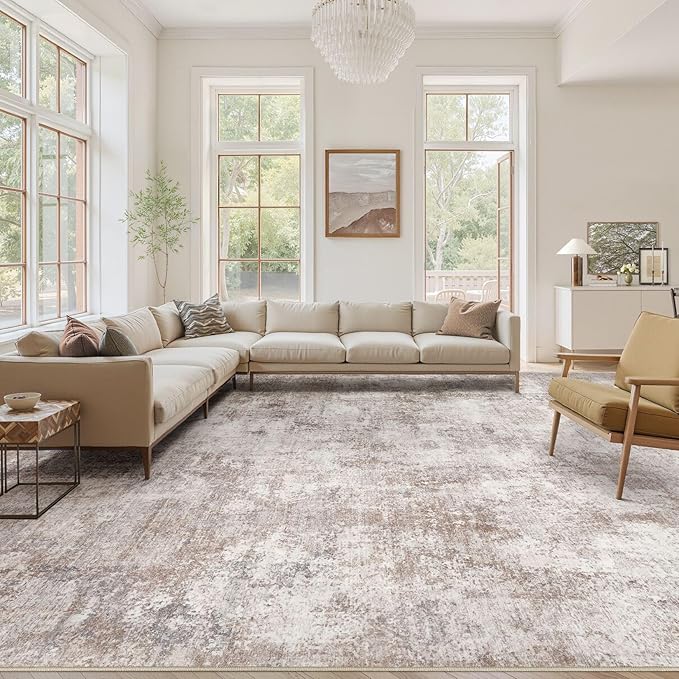Washable 10X12 Area Rug: Modern Abstract Soft Non-Slip Indoor Rugs - Low Pile Stain Resistant Foldable Rug for Living Room Bedroom Dining Room Playroom Office(Brown,10'X12')