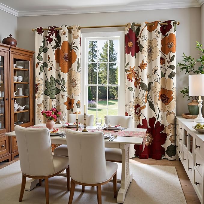 jinchan Lora Floral Curtains for Bedroom Blackout Drapes Room Darkening Window Drapes Fall Decor Winter Vintage Flower Patterned Curtains for Living Room 90 Inch Length 2 Panels with Grommet Beige