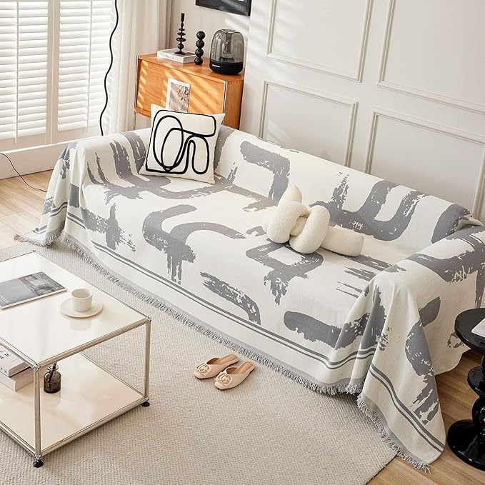 ROOMLIFE Grey Boho Stripped Couch Cover, Modern Abstract Couch Covers for 3 Cushion Couch Sofa Pet Friendly, Large Chenille Sofa Cover for Sectional Sofa Washable Dog Couch Cover Protector 71"*134"