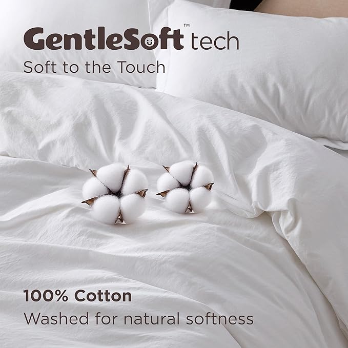 Bedsure 100% Washed Cotton Duvet Cover Queen Size - Bright White Minimalist Cotton Duvet Cover Linen Like for All Seasons - GentleSoft™ Plain Simple Bedding (Bright White, Queen, 90"x90")