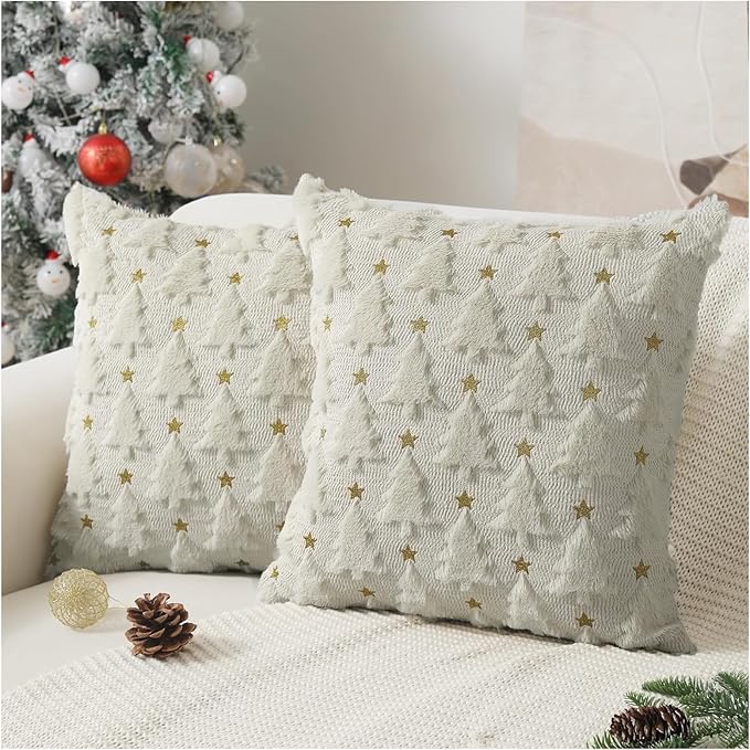 Christmas Throw Pillow Covers Christmas Decorations Set of 2 Xmas Tree 18x18 Pillow Covers Soft Plush Faux Wool Pillow Cases Holiday Winter Decor Sofa Couch Bed