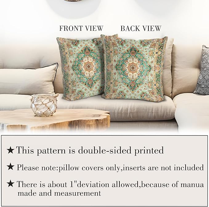 Boho Floral Throw Pillow Covers 16x16 inch Set of 2,Green Boho Rug Geometric Floral Pattern Decor Double Sided Pattern Cushion Cover Soft Pillow Case Living Sofa Room Bed Square Pillow Cover