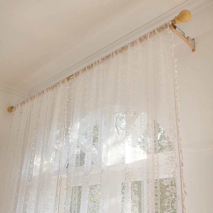 Sutuo Home Boho Curtains 2 Panels 96 Inches for Living Room, Window Treatments Bohemian Sheer Crochet Lace Vintage Drapes Pair, Country White Florals Knitted Handmade Tassels Rod Pocket, 52" x 96"