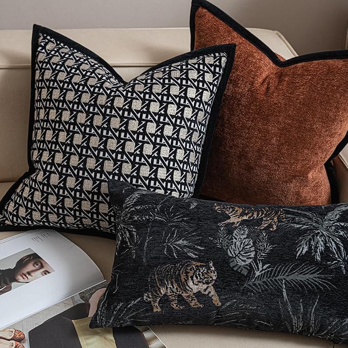New 12x20'' inches Throw Pillow Cushion Covers - Black Color with Chenille Jacquard Embroidery Golden Tiger Luxury Modern Style Couch Sofa Bed Pillow Cover for Living Room Bedroom