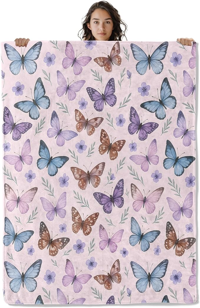 Elegant Butterfly Blanket, Pastel Floral Style 80 x 60 Inch Flannel Throw Blanket, Gifts for Women Kids, Lightweight Cozy Warm Blankets for Sofa Travel Home Decor