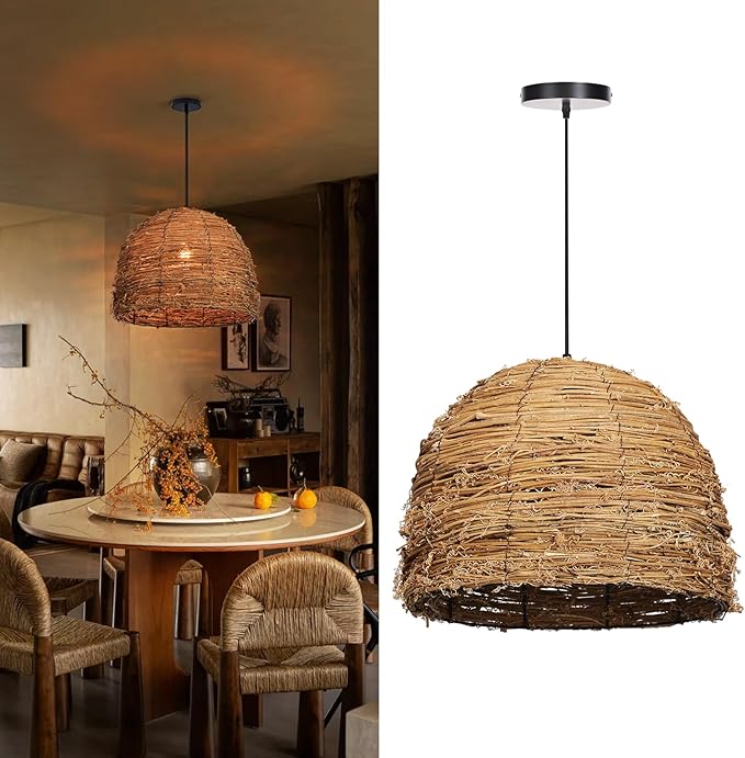 Arturesthome 1 Light Coastal Boho Chandeliers for Dining Room Woven Pendant Light Fixture Wicker Pendant Lamp for Living Room Entryway Hallway Bedroom 15.7"*11.8"