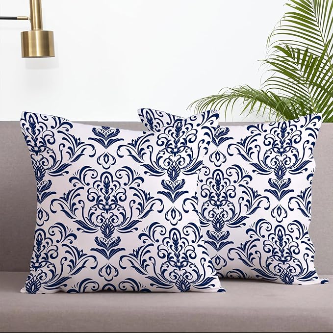 LOVOUS Navy Blue and White Damask Throw Pillow Covers 18x18 Inch Set of 2, Vintage Linen Decorative Pillow Covers for Bed Couch Sofa Bedroom Living Room Home Decor, B13