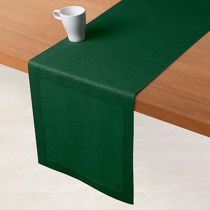 D'Moksha Homes Linen Table Runner 48 Inches - 100% Pure Linen Forest Green Table Runner 14 x 48 Inch for Coffee Tables, Dresser, Fall, Thanksgiving, Christmas, Holiday - Machine Washable