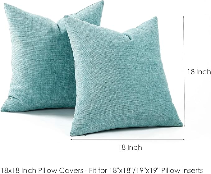 Jepeak 18x18 Inch Decorative Chenille Throw Pillow Covers, Pack of 2 Cozy Concise Pillow Cases Soft Farmhouse Modern Square Cushion Cover for Sofa Couch Bed Home Decor, Turquoise