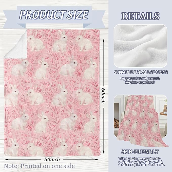 Cute Bunny Blanket, Rabbits and Pink Floral Leaves 80 x 60 Inch Flannel Throw Blanket, Gifts for Women Kids, Lightweight Cozy Warm Blankets for Sofa Travel Home Decor